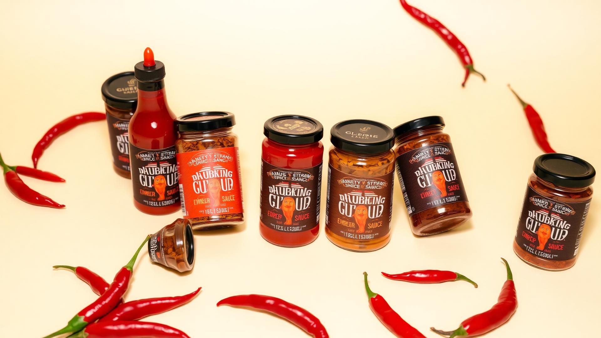 Whew! Spice jars and hot sauces surrounded by red chili peppers